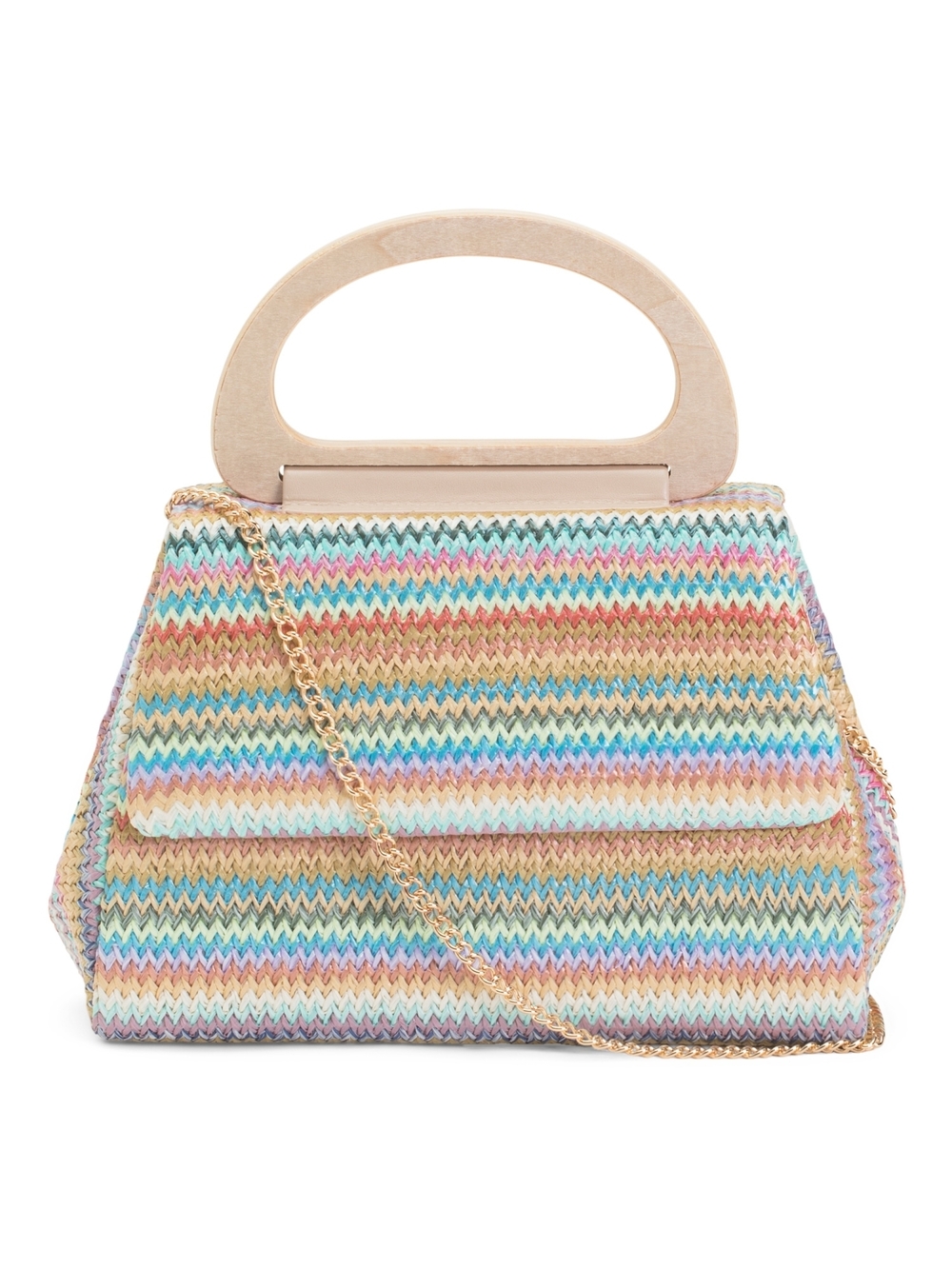Multicolor Woven Shoulder Bag with Gold Chain and Wood Handle